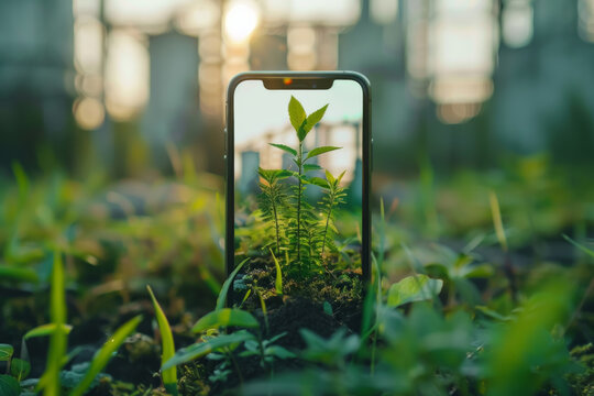 A phone is placed in the grass with a plant growing out of it. Concept of growth and connection to nature.