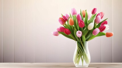 Banner, wooden boards and colorful tulips in a vase, a place for your own content. Flowering flowers, a symbol of spring, new life.