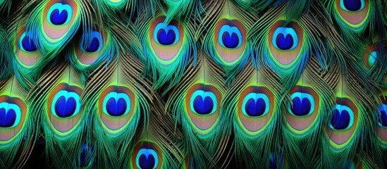 Obraz premium A closeup view of vibrant peacock feathers against a black background showcasing the intricate patterns, symmetry, and electric blue hues of this stunning organism