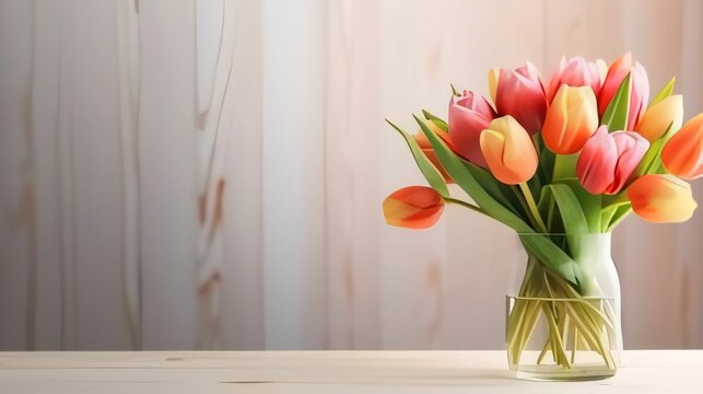 Banner, wooden boards and red tulips in a vase, space for your own content. Flowering flowers, a symbol of spring, new life.