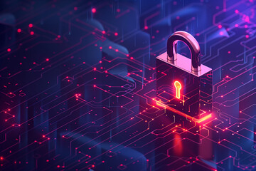 Cyber security concept with padlock on violet background