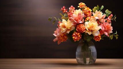 Banner, wooden boards and a bouquet of colorful flowers in a vase, space for your own content. Flowering flowers, a symbol of spring, new life.