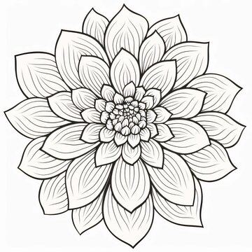 Black and white coloring sheet white dahlia flower. Flowering flowers, a symbol of spring, new life.