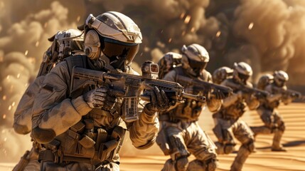 A unit of special soldiers is training in the desert AI generated image - obrazy, fototapety, plakaty
