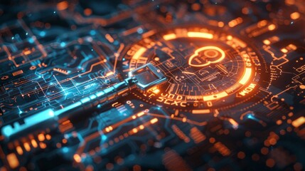 Cloud storage and cloud computing background. Data processing technology. Key in integrated circuit.