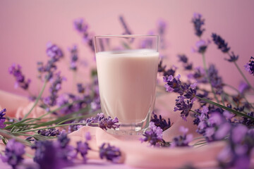 Glass of milk with lavender flowers on a pink background