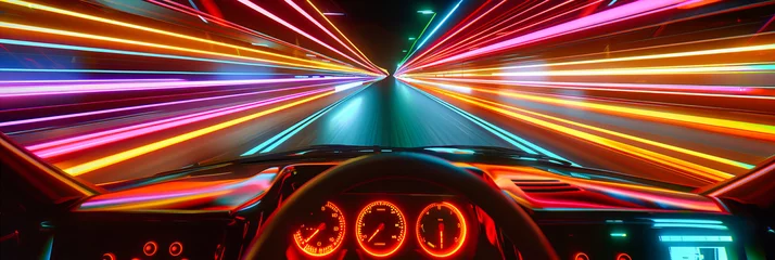 Keuken spatwand met foto Speeding Car on Highway at Night, Fast Motion on City Streets, Modern Urban Transportation Scene © Real