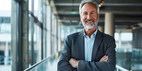 picture of a prosperous senior business consultant grinning and glancing at the camera inside a contemporary office building - obrazy, fototapety, plakaty