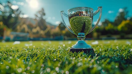 Shining sports trophy placed on the turf symbolizing achievement and victory