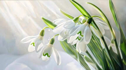 White snowdrop flowers with green leaves growing out of the snow. Illustration. Sunshine. Banner with space for your own content. Flowering flowers, a symbol of spring, new life.