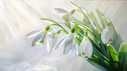 White snowdrop flowers with green leaves growing out of the snow. Illustration. Sunshine. Banner with space for your own content. Flowering flowers, a symbol of spring, new life.