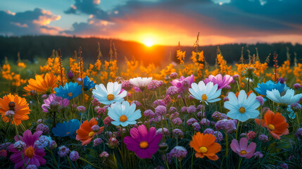 Field Of Flowers In Sunset Wildflowers Meadow Golden Hour Glow Mountain And Cloudy Sky Background