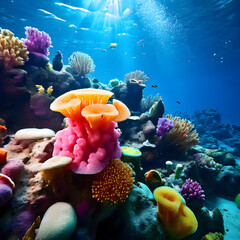 colorful sponges growing under the water, sponges growing AI generated image. - obrazy, fototapety, plakaty