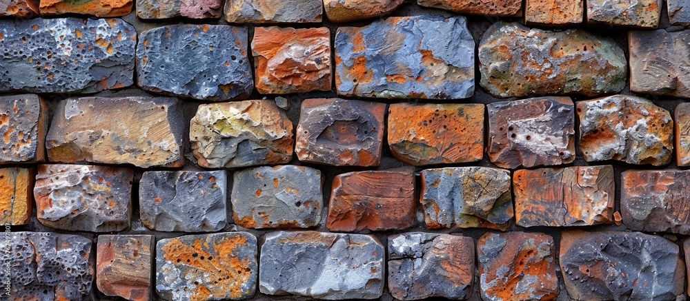 Poster a closeup of a brick wall featuring different colored bricks arranged in a rectangular pattern. the 