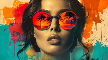 Obraz premium Retro Woman with Sunglasses Paper Collage Art Summer Tropical Palm Tree Travel Pop Art Background