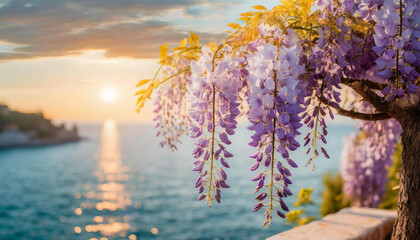 Piękne kwiaty Wisterii na tle morza, tapeta, dekoracja. Generative AI