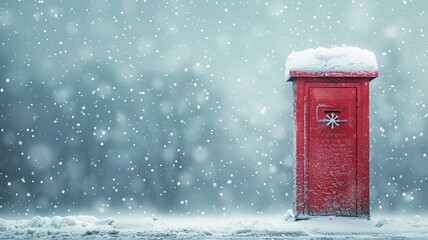 Vintage red postbox in a snowy landscape under a tranquil wintery sky - obrazy, fototapety, plakaty