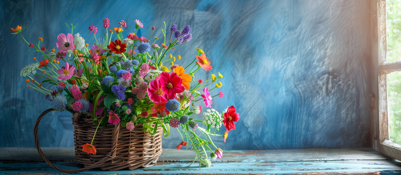 wildflowers in Rustic basket with blue background