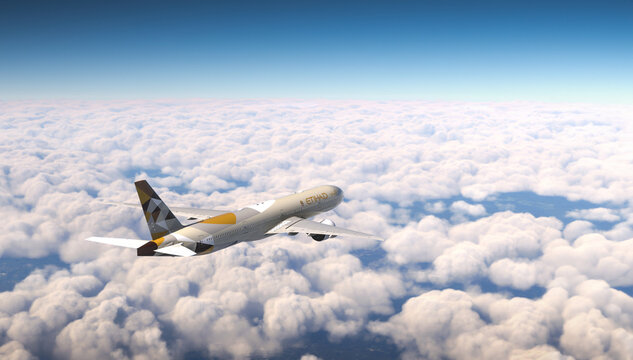 Etihad Airways Boeing 777 flying over the sky, 19 Mar, 2024, Dubai, United Arab Emirates