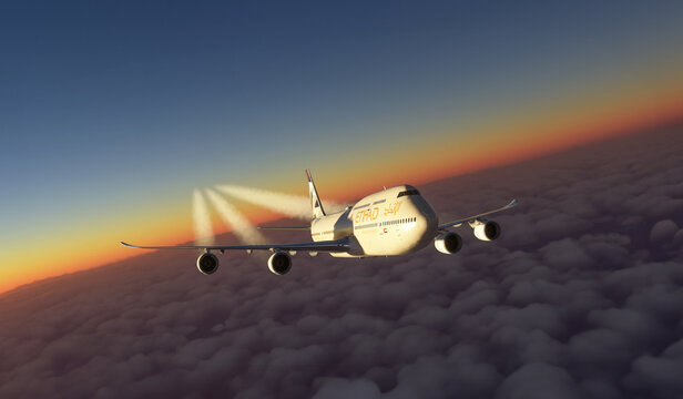 Etihad Airways Boeing 747 flying over the sky, 19 Mar, 2024, Dubai, United Arab Emirates
