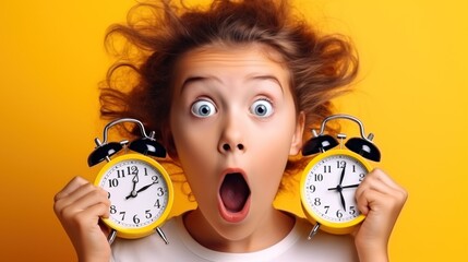 A girl with alarm clocks in her hands is afraid of being late - obrazy, fototapety, plakaty