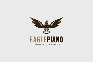 Vector illustration of an eagle piano music logo with a piano keyboard symbol on the bird's tail