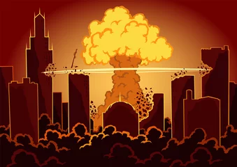  Big explosion in the city. War and damages after big explosion in the city. Urban landscape with burn sky after atomic bomb © designer_things