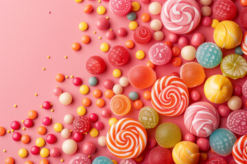 Fototapeta premium Colorful candies on pink background. Top view. Copy space.