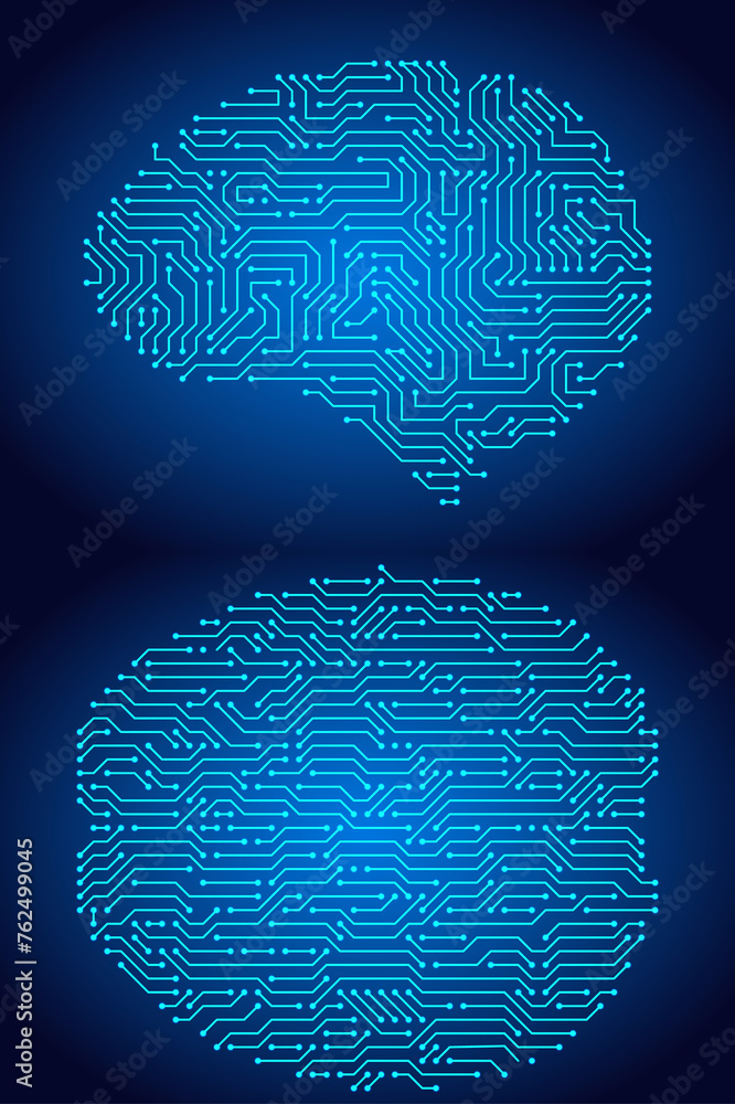 Aufkleber circuit board brains. artificial intelligence microchip, ai chip and digital brain processor illustr