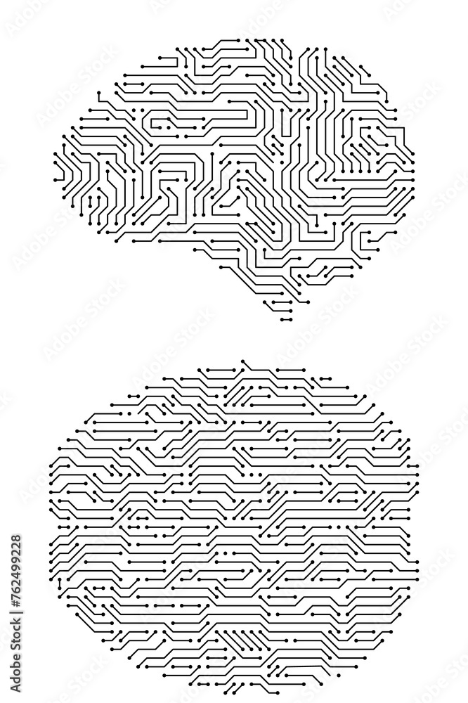 Aufkleber circuit board brains. artificial intelligence microchip, ai chip and digital brain processor illustr