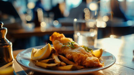 Fish and chips in a London restaurant.