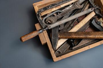 Wooden box with old tools