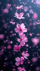 Fototapeta na wymiar Pink Flowers Floating in the Air on a Black Background