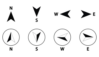 Compass icons set of north, south, east and west direction. Map symbol. Arrow icon. Four arrows pointing in different directions. Vector illustration. - obrazy, fototapety, plakaty