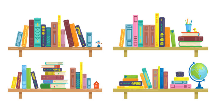 Set of four bookshelves with different arrangements of books and objects. Isolated on white background. Vector flat illustration