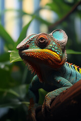 Close-Up of a Colorful Chameleon in Lush Greenery
