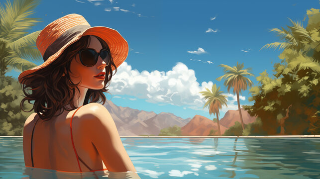 Elegant Woman Relaxing in Pool with Tropical Background Illustration