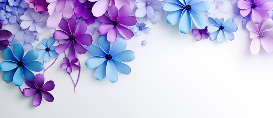 Floral Border with Beautiful Blue and Purple Flowers on White Background
