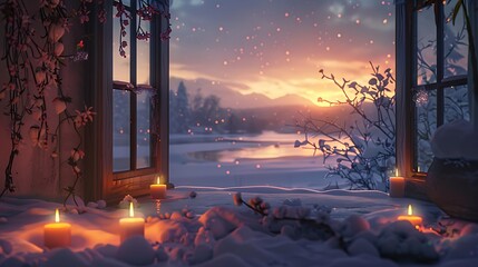 softly-lit candles create an atmosphere of calm. Outside, a snowy landscape stretches as far as the eye can see, inviting you to immerse yourself in its peaceful beauty.  attractive look