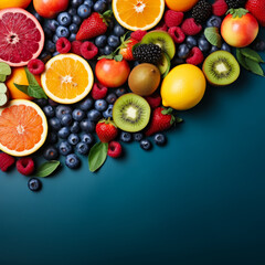 Fototapeta na wymiar Assorted fresh fruits on dark blue background