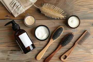 Detail of set of hair treatment products on wooden table. Top view. Horizontal composition.