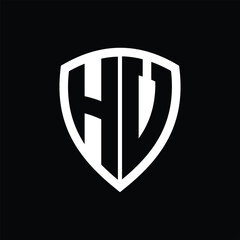 HV monogram logo with bold letters shield shape with black and white color design