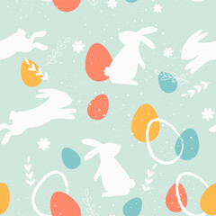 Seamless pattern with Easter bunnies, dots and eggs. Easter symbol, decorative vector elements. Easter colored simple pattern.. Easter eggs and hand drawn texture Vector illustration