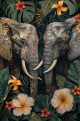 Elephants and flowers on a dark background