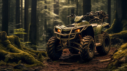 An all-terrain vehicle (ATV) parked beside a forest trail, the HDR effect enhancing the ruggedness of the vehicle and the lushness of the woodland.
