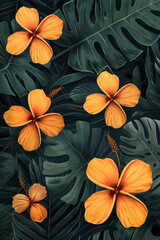 Hibiscus flowers and monstera leaves background