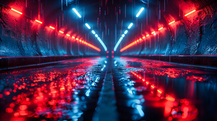 Neon Blue Tunnel with Dark Ambiance, Futuristic Interior Design, Abstract Light Concept