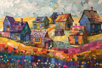 village with houses, flowers, clouds and blue sky