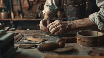 Masterful Leather Crafting Skilled Artisan's Hands Fashioning Quality Goods in Workshop