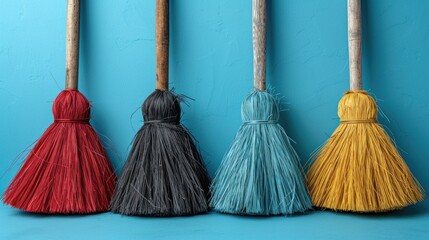 Four Brooms Aligned Against a Blue Wall - obrazy, fototapety, plakaty